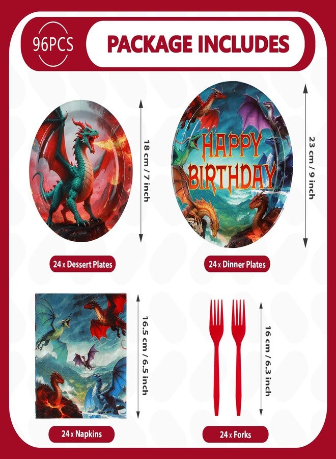 Grencian 96Pcs Dragon Birthday Party Supplies - Red Fire Dragon Party Plates and Napkins Disposable Dragons Theme Dessert Tableware Set for Kids Boys Fantasy Birthday Supplies Serves 24 - Image 2